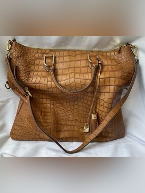 G.I.L.I. Croc-Embossed Leather Satchel in Cognac